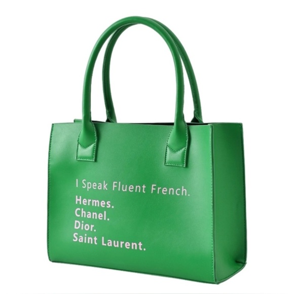 iFashionBox Handbags - NWT Trendy Green Tote “I Speak Fluent French” Fashion Bag